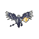 A winged creature, possibly a bat or dragon, takes flight with one wing shimmering with fiery energy in this striking pixel art. The dynamic pose and contrasting colors create a powerful and slightly ominous vibe.