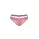 This pixel art image features a centered, flat-lay of a pink thong with delicate white lace trim against a black background. The simple composition and pastel color palette offer a neutral and observational presentation of the garment.