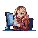 A pixel art image depicts a young woman with blonde hair and a cozy sweater, taking a break with a warm mug in front of her glowing computer screen. Her gentle expression and the warm color palette create a peaceful and nostalgic vibe.