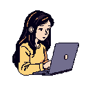 A pixel art image captures a young woman intently focused on her laptop, her calm expression and hunched posture suggesting deep concentration. The minimalist style and muted color palette create a peaceful, introspective mood.