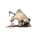 A playful pixel art pug in a "play bow" pose is the star of this image, its fawn fur contrasted by striking orange splatters emanating from its paw, creating a quirky and enigmatic mood.