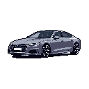 This pixel art showcases a sleek, modern sports sedan, reminiscent of an Audi A7, rendered in a sophisticated palette of grays against a stark black backdrop. The static, side-profile view emphasizes the car's design and luxurious feel through tonal variations and subtle highlights.