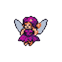 This pixel art showcases a charming, magenta-haired fairy with translucent wings, rendered in a vibrant, fantasy-inspired palette. The serene sprite hovers against a stark black background, evoking a sense of whimsical nostalgia.