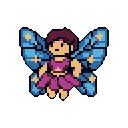 This pixel art features a cute, magical pixie with vibrant blue wings adorned with stars, set against a stark black background. The figure sports magenta and purple clothing, peach skin, and a minimalist expression, evoking a whimsical, nostalgic charm.