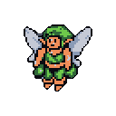 This pixel art image features a charming fairy sprite with leafy clothes and delicate wings. Reminiscent of classic games, the character's simple design and earthy colors evoke a sense of fantasy and nostalgia.