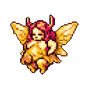 A plump, winged sprite with red-magenta hair and horn-like protrusions hovers peacefully. The figure's serene expression and fiery color palette create a whimsical and magical mood.