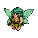 A plump, peaceful fairy with leaf-like garments and translucent green wings hovers serenely in pixel art. Her closed eyes and gentle smile evoke a sense of tranquility.