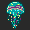 A vibrant, pixelated jellyfish glows with electric blues, greens, and purples, its luminescent tentacles trailing down in a mesmerizing display. The stylized design and neon colors give this floating creature an ethereal and energetic presence.