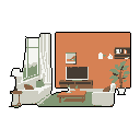 This pixel art depicts a modern, unoccupied living room with a terracotta-orange wall, featuring a window-lit seating area and a TV/bookshelf section. Warm, muted tones and minimalist furniture create a peaceful and inviting atmosphere.
