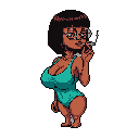 This pixel art portrait captures a cool and self-possessed woman in a teal swimsuit, subtly rendered with a cigarette in hand. The retro style and limited palette evoke a sense of nostalgia and sophisticated calm.