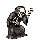 A pixelated Grim Reaper, rendered in stark monochrome, crouches in anticipation. The skeletal figure gestures with a beckoning hand, evoking a somber and ominous atmosphere.