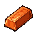 This pixel art depicts a valuable, orange-red metal ingot, rendered in isometric view with detailed highlights and shadows. The simple yet effective design evokes a sense of nostalgia and value, reminiscent of classic video game resources.