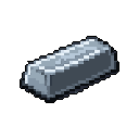 This pixel art image features a metallic ingot, rendered in isometric perspective with subtle shading that suggests depth and reflectivity. The monochromatic color palette and simple form evoke a sense of raw material, isolated against a stark black void.