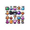 This pixel art showcases twenty unique and vibrant fantasy item icons, perfect for a video game inventory. From potions and vials to relics and gems, each object is rendered in a clean, colorful style, evoking a sense of magic and adventure.