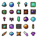 This pixel art showcases a collection of 25 distinct fantasy items, like gems, orbs, and magical artifacts, presented in a grid format. The jewel-toned color palette and intricate details give each object a unique and valuable feel.