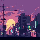 This pixel art captures a quiet urban moment at dawn or dusk, where a large sun or moon hangs over a street lined with silhouetted buildings and glowing neon signs. The vibrant yet soft palette of purples, pinks, and teals creates a peaceful and nostalgic atmosphere.