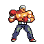 A muscular pixel art boxer with a white visor, red gloves, and blue pants stands ready for a fight, exuding classic arcade game vibes. His confident stance and limited color palette create a powerful image of action and strength.