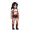 This pixel art features a stylishly dressed young woman in a white crop top, blue shorts, and brown boots. The neutral pose and muted palette give the character a classic, understated charm.