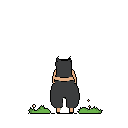 A lone, dark-clad figure with styled hair kneels in sparse foliage, rendered in minimalist pixel art. The character's posture suggests a moment of quiet contemplation against a stark black background.