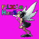 A whimsical pixel art image presents a delicate pixie in mid-flight, its grayscale form contrasting against a vibrant magenta background and labeled "PIXIE Haus". The fairy's dynamic pose and upward gaze evoke a sense of magical movement.