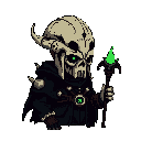 A pixel art necromancer, cloaked and skeletal, raises a glowing green staff. Intense green eyes pierce the darkness, hinting at powerful magic.