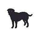 This pixel art features a dark, somber dog with striking white eyes standing against a black backdrop. The simple design and muted color palette create a melancholic yet neutral vibe.