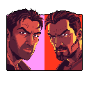 This pixel art piece portrays a tense face-off between two sharply dressed men, their intense gazes and furrowed brows suggesting a rivalry or confrontation. The split composition, paired with contrasting colors, amplifies the drama and underscores the high-stakes atmosphere.