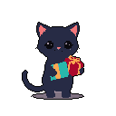 A cute, blue pixel art cat clutches a brightly wrapped gift, its large eyes radiating innocence and curiosity against a dark background.