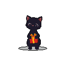 A charming pixel art image features a small black cat standing upright and offering a bright red gift box tied with a golden ribbon. The cat's simple, expressive face and upright posture evoke a sense of warmth and generosity.