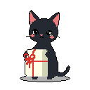 This pixel art features a sweet black cat sitting upright and presenting a gift box tied with a red ribbon. With its large, soulful eyes and rosy cheeks, the kitty exudes a shy and sentimental charm.