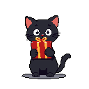 A cheerful pixel art cat excitedly holds a bright, striped present tied with a red bow. Its wide eyes and tiny smile convey a sense of happy surprise.
