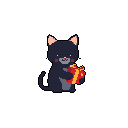 A charming pixel art image features a dark grey cat cradling a brightly wrapped yellow gift with a red ribbon. The simple, stylized design and contrasting colors against the black background create a cute and cheerful vibe.