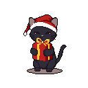 A charming pixel art black cat, wearing a Santa hat, sits proudly presenting a red and gold gift box. The festive scene evokes a sweet, nostalgic feeling of holiday cheer.