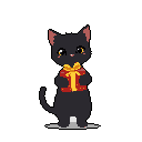 A charming pixel art image features a chibi-style black cat holding a bright red and gold gift box. The adorable cat, with sparkling eyes and rosy cheeks, presents the gift with a sweet and innocent expression.