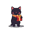 This adorable pixel art features a bashful black cat standing on its hind legs, clutching a red gift box with a yellow ribbon. The charming feline, complete with blushing cheeks and a striped scarf, offers a sweet and innocent gesture of gifting against a simple background.