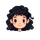 This pixel art portrait features a cute, dark-haired girl with a warm smile and striking black eyes. The simple yet charming design, rendered in muted tones with pops of pink, evokes a sense of friendliness and nostalgia.