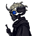 This pixel art portrait features a mysterious skeletal figure with a piercing blue eye, cloaked in shadow and holding an enigmatic object. The dark and unsettling design blends fantasy and futuristic elements, drawing focus to the creature's intense gaze.