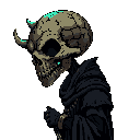 This detailed pixel art features a cloaked skeletal figure with glowing turquoise accents and small horns. The ominous image evokes a sense of necromancy or spectral presence, with a skull marked by cracks and a hand clasped in prayer.