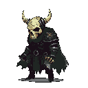 An imposing, armored skeletal figure with sharp horns dominates the frame, its dark and ominous presence hinting at a formidable foe. The muted color palette and tattered cloak emphasize the creature's menacing nature.
