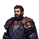 This pixel art portrait captures a stoic warrior or leader, rendered in muted tones with intricate armor details. His weary gaze and sturdy build suggest strength and resilience. The image evokes a sense of historical or fantasy gravitas.