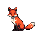 A charming pixel art fox sits alertly, gazing directly at the viewer with its warm orange and brown fur contrasted against a stark black background. The simple yet detailed design captures the animal's essence in a cute and focused manner.
