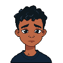 This pixel art portrait captures a young man with dark skin and curly hair in a moment of quiet sadness, his furrowed brow and melancholic gaze conveying a sense of worry. The limited color palette and simple design amplify the somber mood.