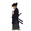 This pixel art image portrays a dark-skinned samurai or ronin in traditional garb, bowing in a gesture of respect or contemplation. The somber color palette and low-resolution style evoke a sense of quiet dignity and retro charm.