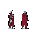 This pixel art showcases a stoic knight in full armor, presented in profile and back views, highlighting the intricate details of their metallic gear and crimson cape. The isolated figure against a black void emphasizes their strength and enigmatic presence.