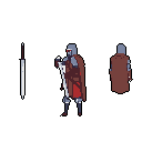 This pixel art showcases a futuristic knight or warrior in three poses: sword ready, profile with drawn sword, and from behind, all radiating quiet strength and mystery. Clad in detailed armor with a striking red visor and flowing cloak, the figure embodies a sense of readiness.