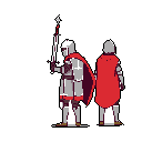 Two pixelated knights in full armor stand vigilant, their red capes providing a striking contrast to their stoic gray figures. The knight on the left holds a spear, ready for what lies ahead.