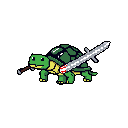 A determined, bright yellow turtle, rendered in pixel art, strides forward with a comically oversized sword strapped to its shell and a small stick clenched in its mouth. This unlikely hero exudes a quirky, whimsical charm.