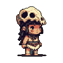 This pixel art depicts a small, tribal figure adorned with a striking animal skull headpiece and primitive clothing. The character stands observing with a quiet anticipation.
