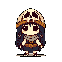This pixel art features a chibi character in tribal attire, complete with a skull headdress and wide-eyed expression, creating a blend of cute and slightly ominous vibes.