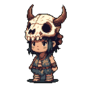 A cute, melancholic character with a large animal skull headdress stands alone. Clad in simple clothing, the figure exudes a primal aesthetic with muted, earthy tones.